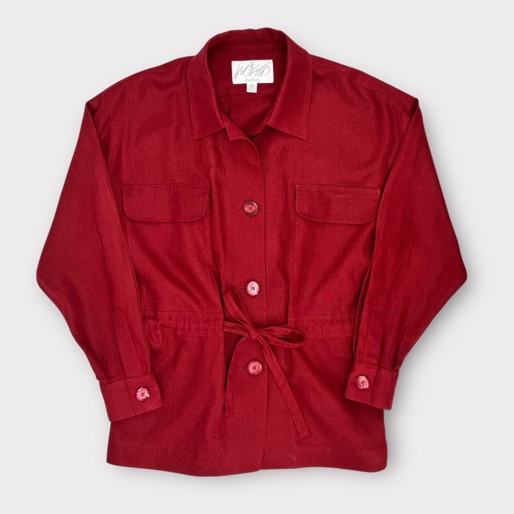 Lord & Taylor Brick Red Linen Cargo Utility Jacket 8P Drawstring Waist Button Up